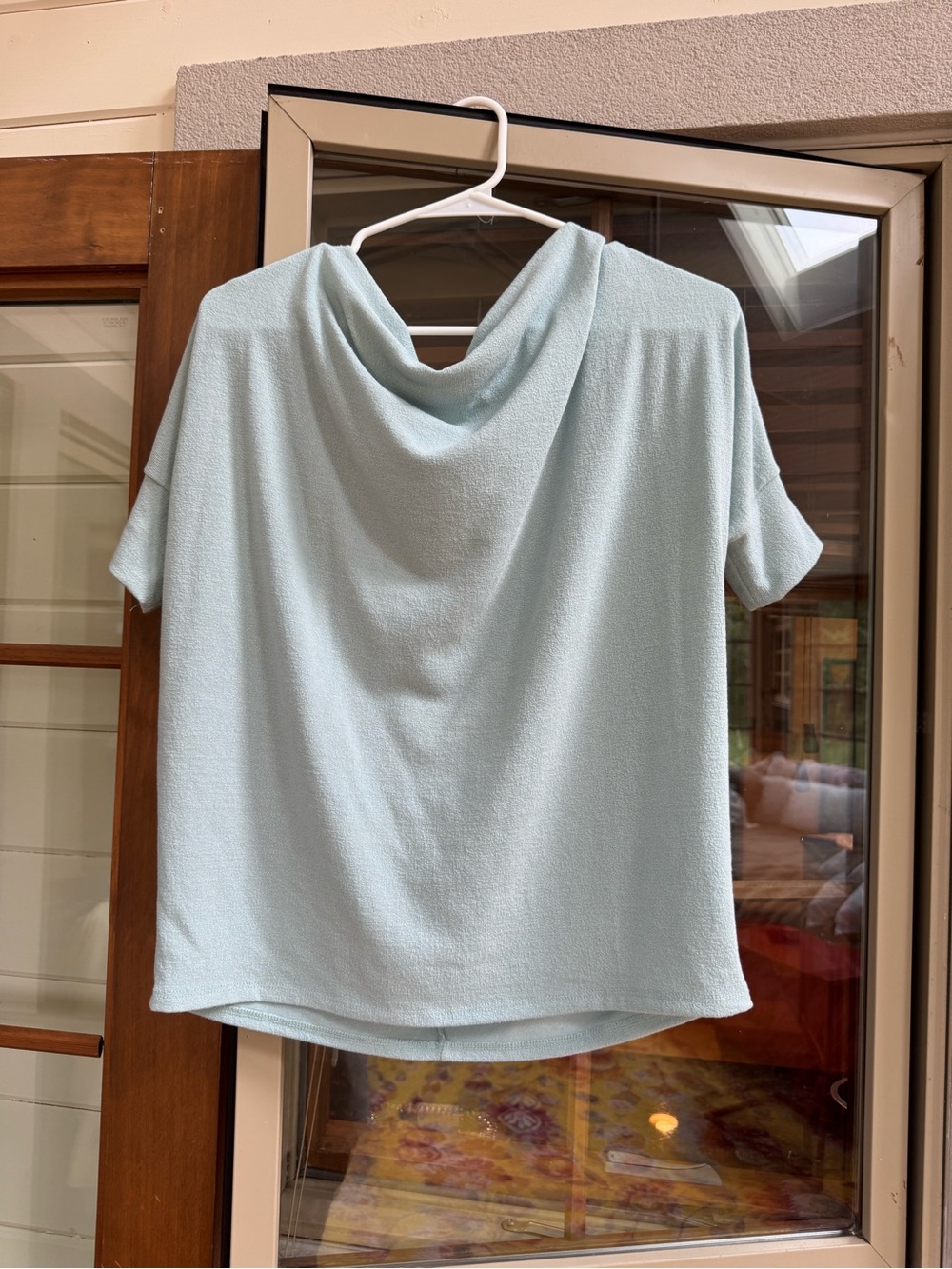 Draped Cowl-Neck Short Sleeve Blouse in Light Aqua